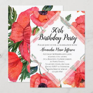 Invitation Fleur de pavot Watercolor Femmes 50e fête d'annive