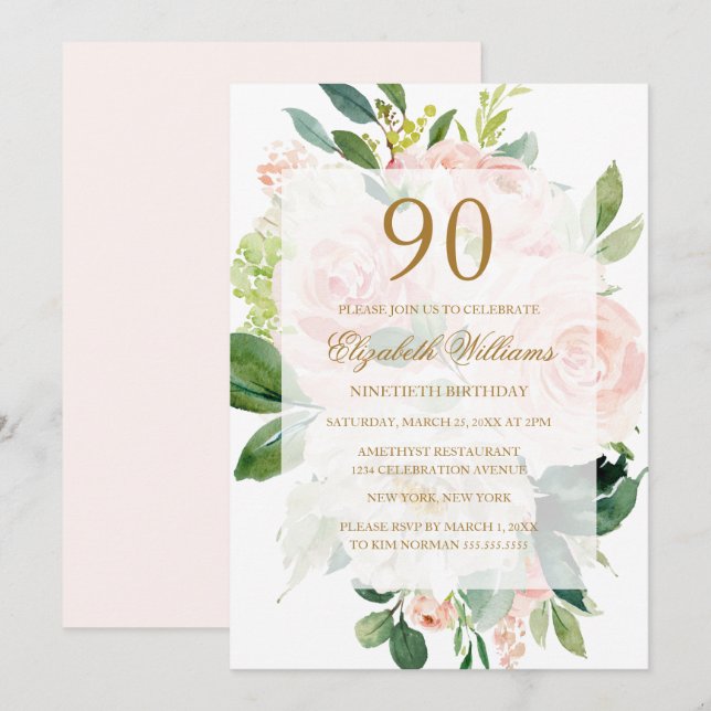 Invitation Fleur de Pêche Douce Élégante 90e Anniversaire (Devant / Derrière)