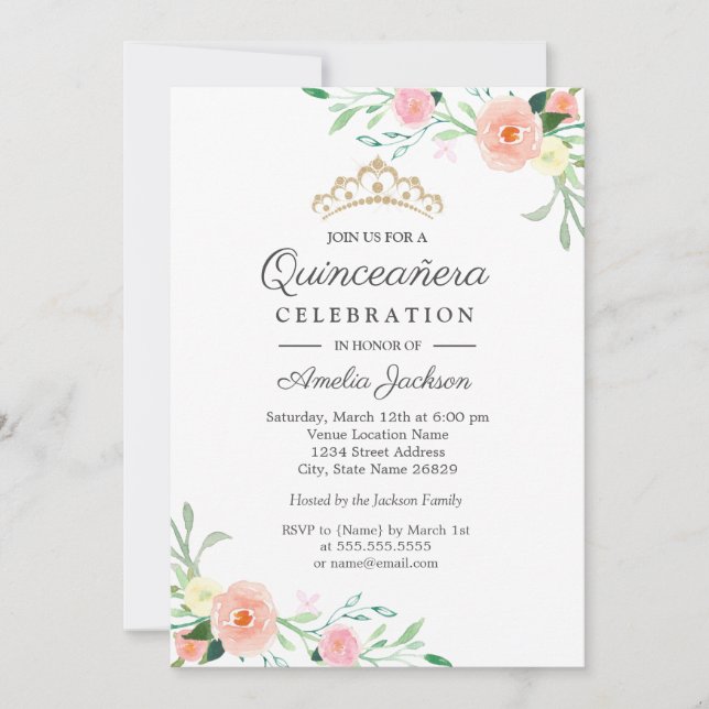 Invitation Fleur de Pêche Rose pour Quinceanera (Devant)