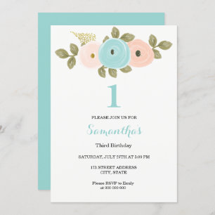Invitation Fleur de Pêche turquoise Fille ou garçon 1er fête