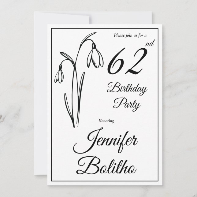 Invitation Fleur de perce-neige noire et blanche pour anniver (Devant)