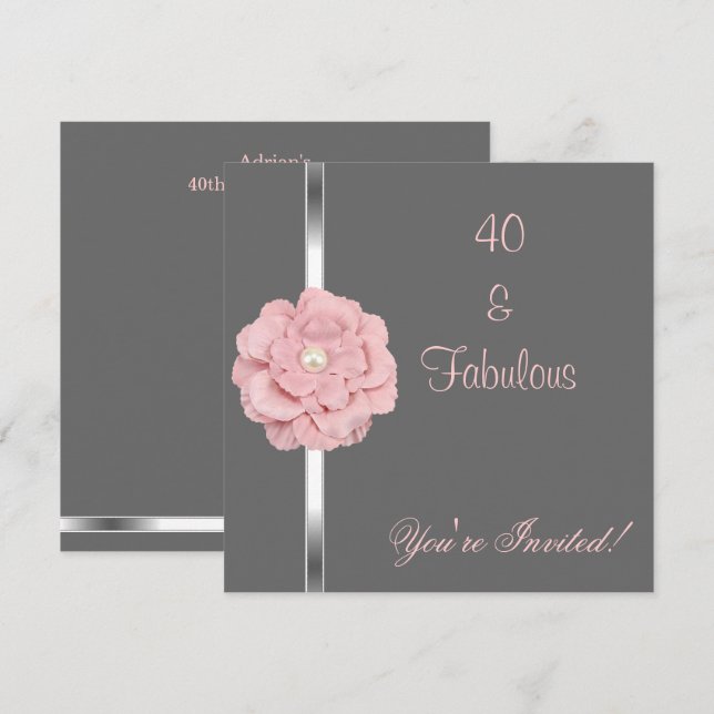 Invitation Fleur de perle blanche rose gris Fabuleux 40ème pa (Devant / Derrière)