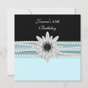 Invitation Fleur de perle noire et bleue sarcelle pour 40e an