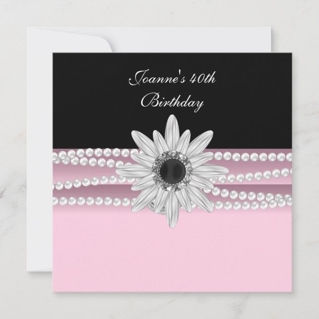 Invitation Fleur de perle rose noire blanche pour 40e anniver (Devant)