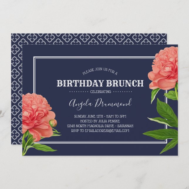 Invitation Fleur de pivoine Anniversaire Brunch Bleu (Devant / Derrière)