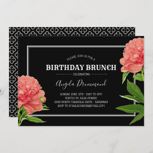 Invitation Fleur de pivoine Anniversaire Brunch Noir (Devant / Derrière)