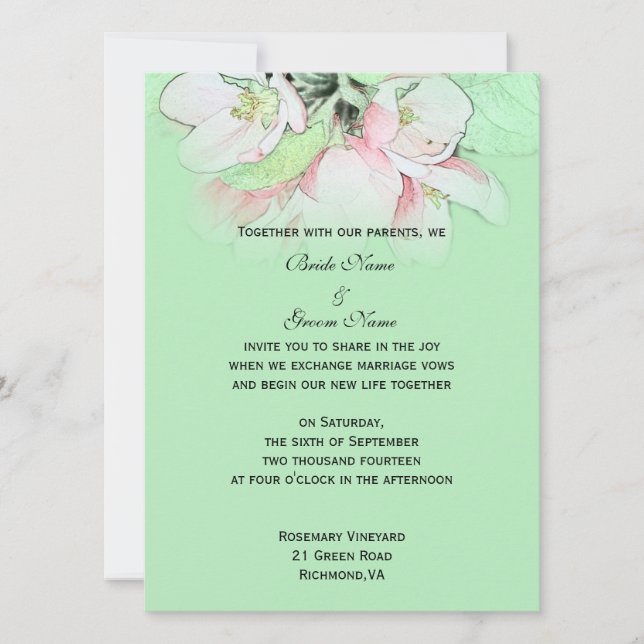 Invitation Fleur de pommier rose clair dans un mariage vert (Devant)