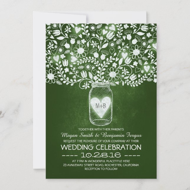 Invitation Fleur de pot de mason vert mariage (Devant)