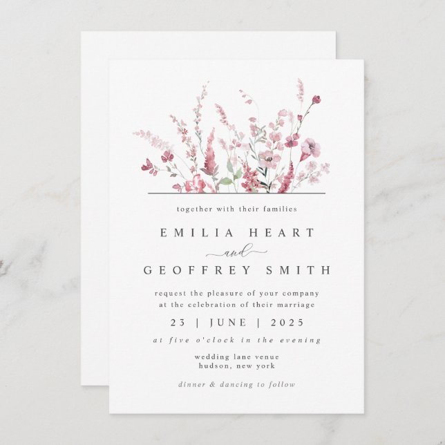 Invitation Fleur de prairie sauvage Dusty Rose rose Mariage m (Devant / Derrière)