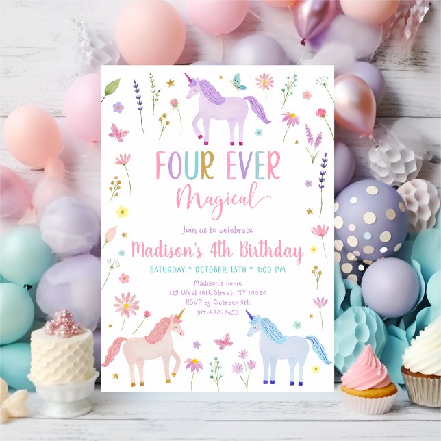 Invitation Fleur de prairie Unicorn Quatre Anniversaire Magiq (Créateur téléchargé)