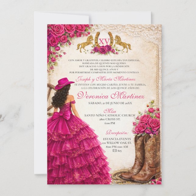 Invitation Fleur de princesse fille occidentale rose Sweet 15 (Devant)