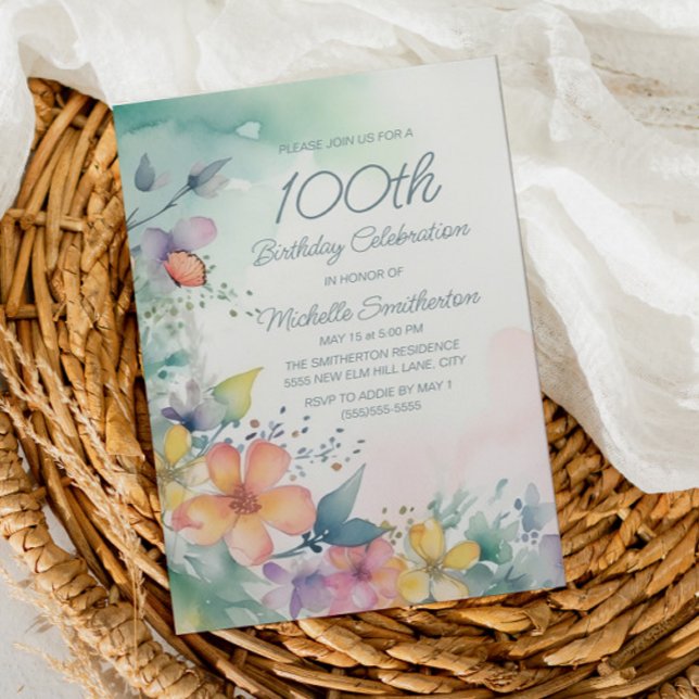 Invitation Fleur de printemps aquarelle 100e anniversaire (Créateur téléchargé)