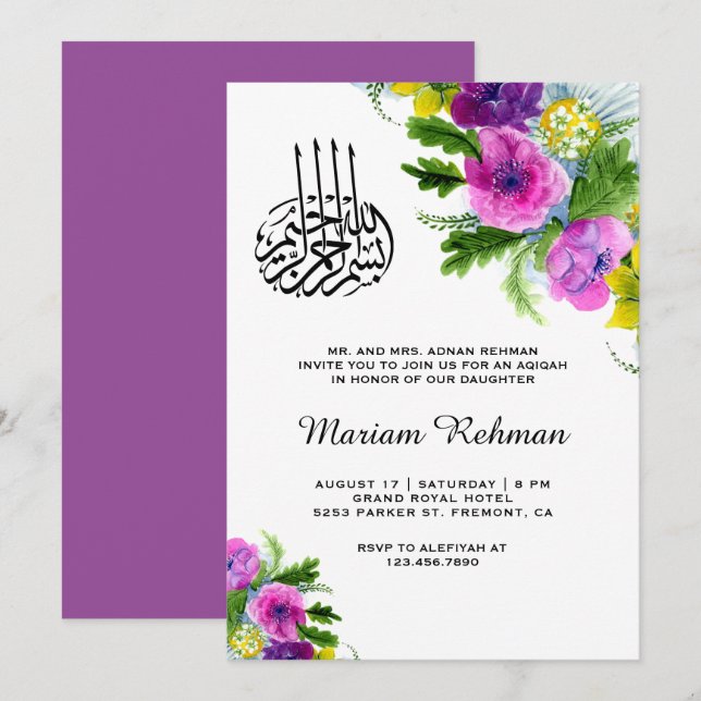 Invitation Fleur de printemps Bébé Fille Aqiqah (Devant / Derrière)