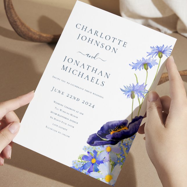 Invitation Fleur de Printemps Élégante Sauvage Bleue (Blue watercolor wildflower summer floral wedding invitation with elegant typography script)