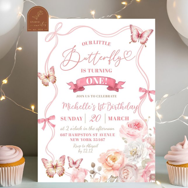 Invitation Fleur de printemps rose papillon floral anniversai (Créateur téléchargé)