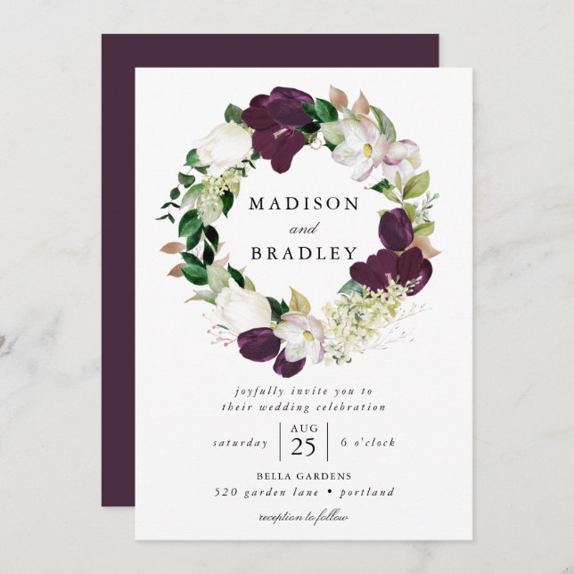 Invitation Fleur de prune foncée | MARIAGE (Devant / Derrière)