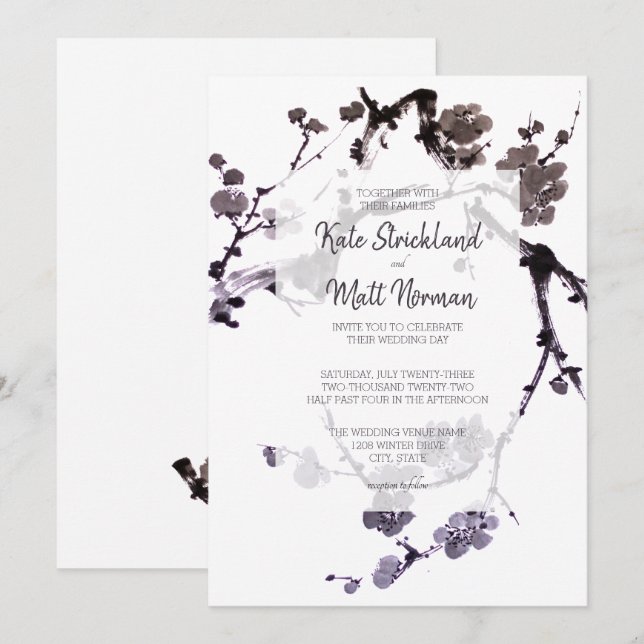 Invitation Fleur de prunier sumie encre (Devant / Derrière)