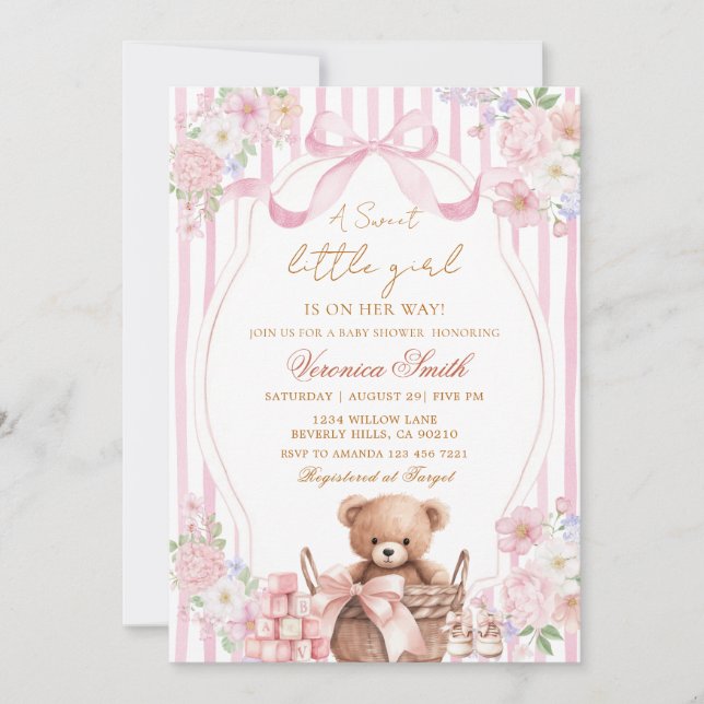 Invitation Fleur de rose à rayures rose ours bébé douche  (Devant)