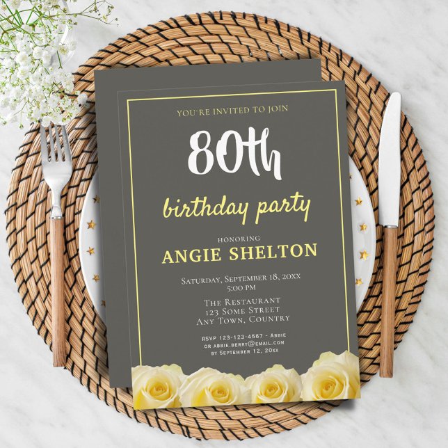Invitation Fleur de rose jaune Floral 80e anniversaire (Créateur téléchargé)