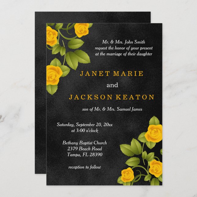 Invitation Fleur de rose noire et jaune Mariage (Devant / Derrière)