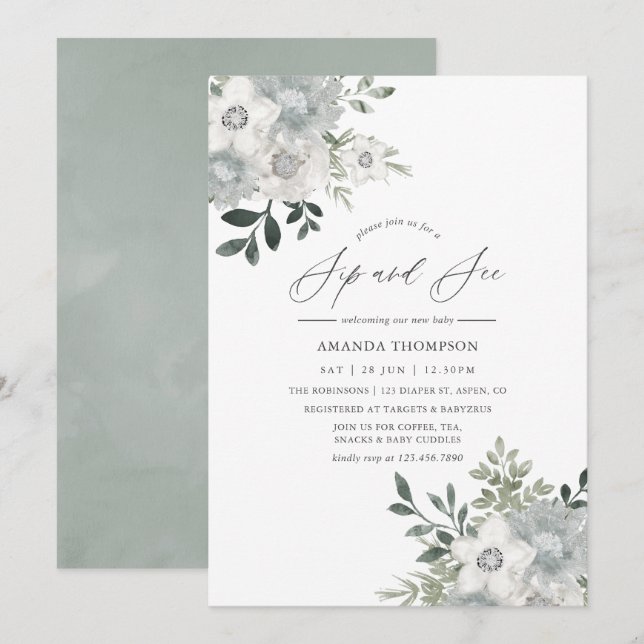 Invitation Fleur de sauge argentée aquarelle Sip and See (Devant / Derrière)