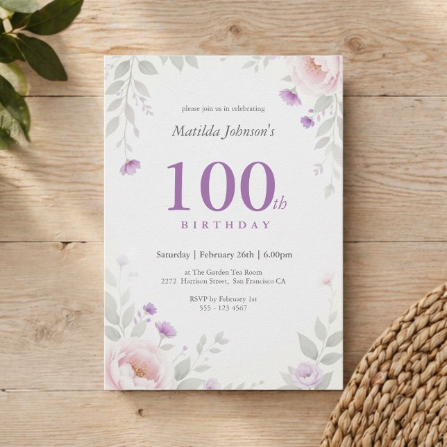 Invitation Fleur de Sauge Elégante Violet 100e Anniversaire (Elegant Floral Sage Purple 100th Birthday Invitation)