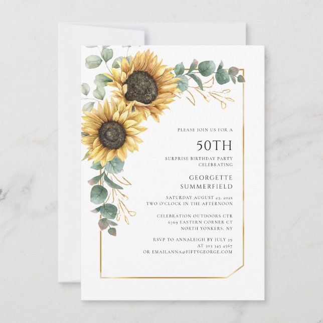 Invitation Fleur de soleil florale Eucalyptus 50e fête d'anni (Devant)