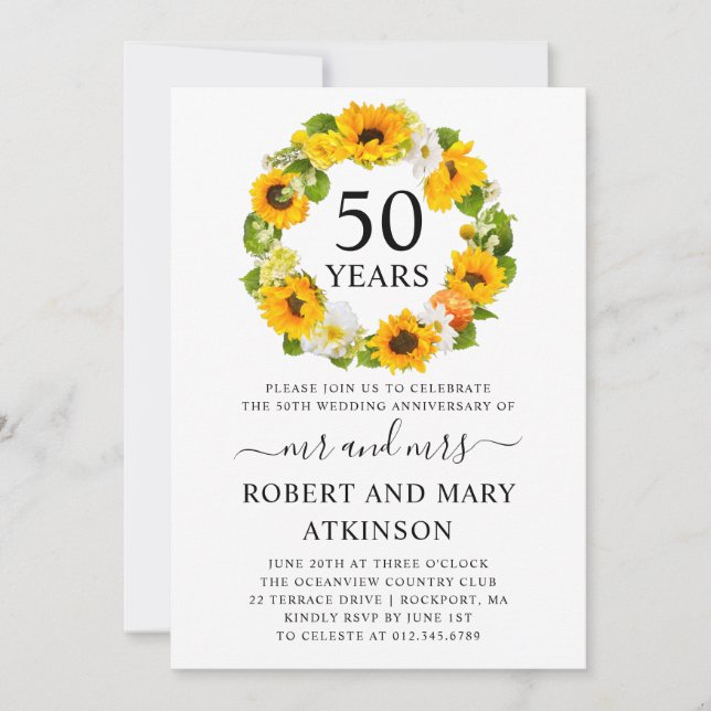 Invitation Fleur de soleil jaune 50e anniversaire Mariage (Devant)