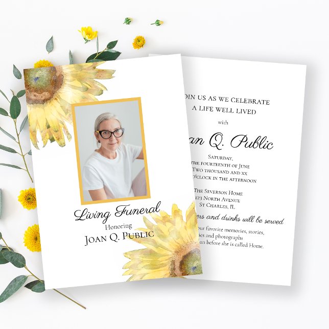 Invitation Fleur de soleil jaune Aquarelle Vivante Fête funér (Créateur téléchargé)