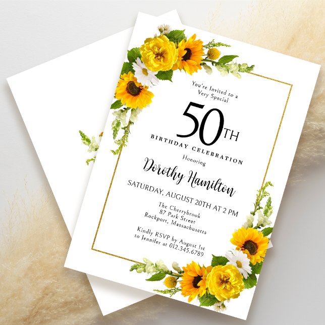 Invitation Fleur de soleil jaune Blancs marguerite Floral 50e (Créateur téléchargé)