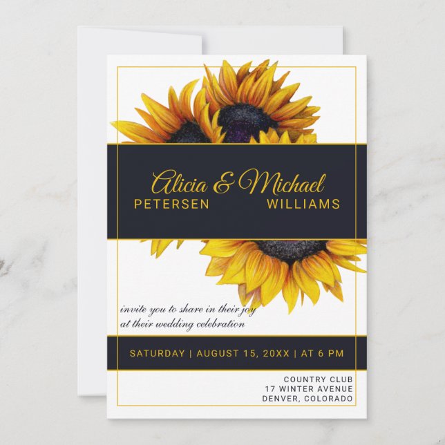 Invitation Fleur de soleil | Mariage moderne Gold et Navy (Devant)
