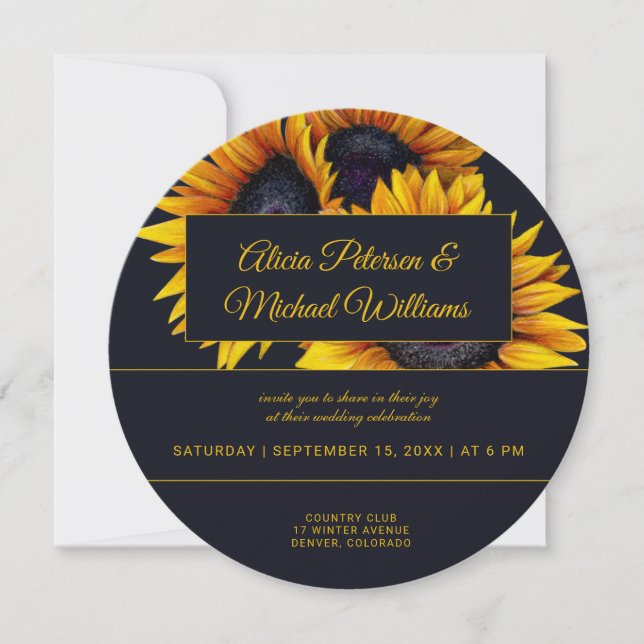 Invitation Fleur de soleil | Mariage moderne Gold et Navy (Devant)