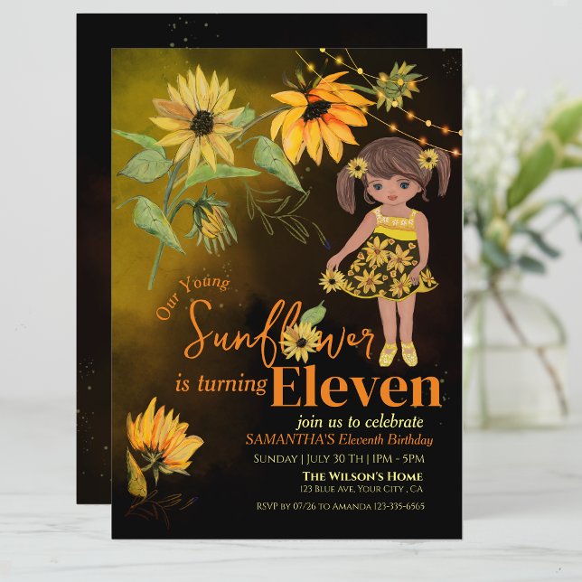 Invitation Fleur de soleil mignonne Aquarelle fille Noir Anni (Cute Sunflower Watercolor Girl Black Birthday Invitation)