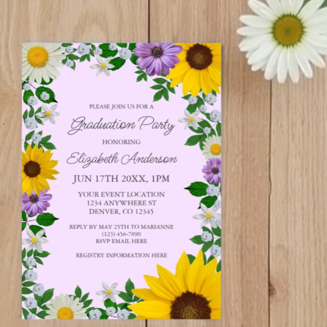 Invitation Fleur de soleil rustique Daisy Floral Graduation P (Créateur téléchargé)