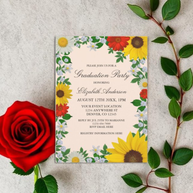 Invitation Fleur de soleil rustique Daisy Graduation florale (Créateur téléchargé)