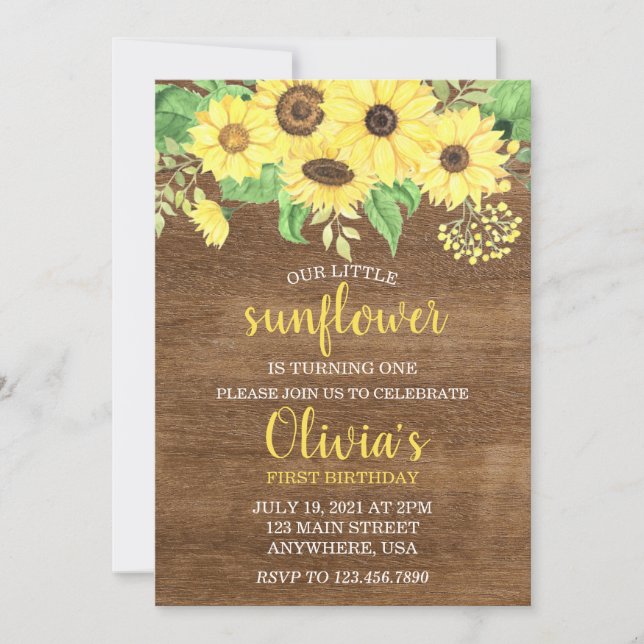 Invitation Fleur de soleil rustique en bois été premier anniv (Devant)