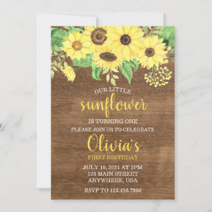 Invitation Fleur de soleil rustique en bois été premier anniv