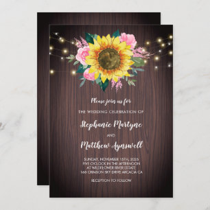 Invitation Fleur de Soleil Rustique Lumières Mariage rose