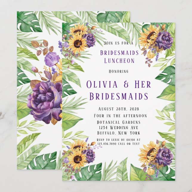 Invitation Fleur de soleil vert violet Floral Bridesmaids Déj (Devant / Derrière)