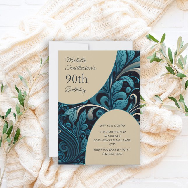 Invitation Fleur de teal or élégant 90e anniversaire (Créateur téléchargé)