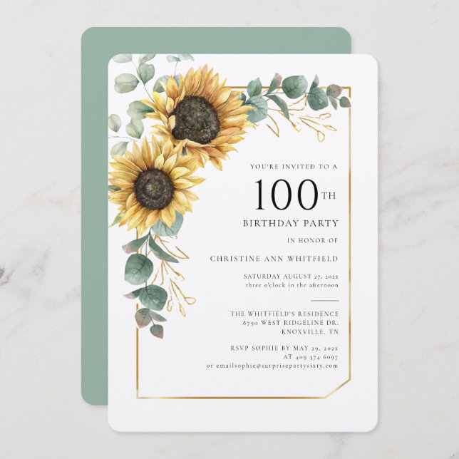 Invitation Fleur de tournesol 100e anniversaire (Devant / Derrière)
