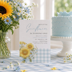 Invitation Fleur de Tournesol à Carreaux Bleus pour 1er Anniv
