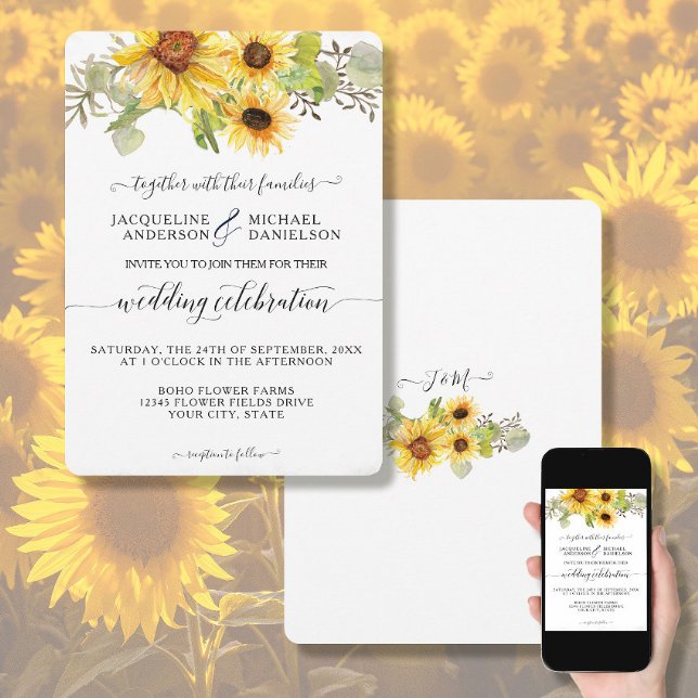Invitation Fleur de tournesol BOHO Chic Eucalyptus Mariage fe (Créateur téléchargé)