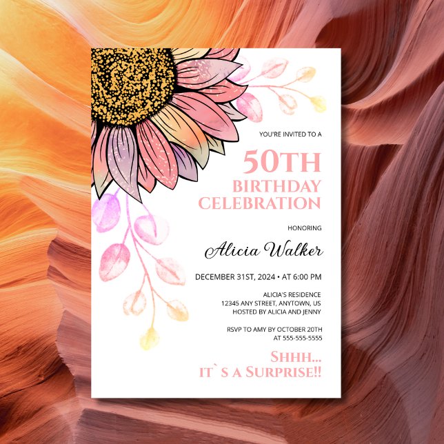 Invitation Fleur de tournesol coloré feuille surprise Anniver (Créateur téléchargé)