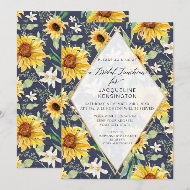 Invitation Fleur de tournesol Floral Aquarelle Folio Marine B (Devant / Derrière)