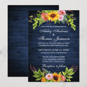 Invitation Fleur de tournesol Mariage en bois bleu rustique
