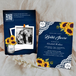 Invitation Fleur de tournesol Navy Blue Photo Code QR Invitat