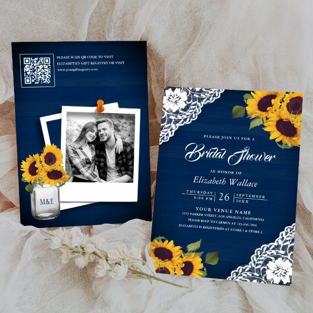 Invitation Fleur de tournesol Navy Blue Photo Code QR Invitat (Créateur téléchargé)