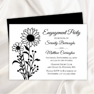 Invitation Fleur de tournesol noir blanc Parti d'engagement