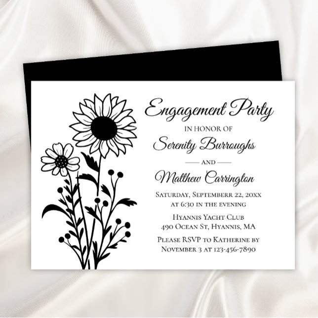 Invitation Fleur de tournesol noir blanc Parti d'engagement (Créateur téléchargé)